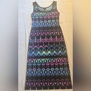 Connected Apparel Black Ikat Pastel Print Sleeveless Maxi Dress Sz 12 Boho